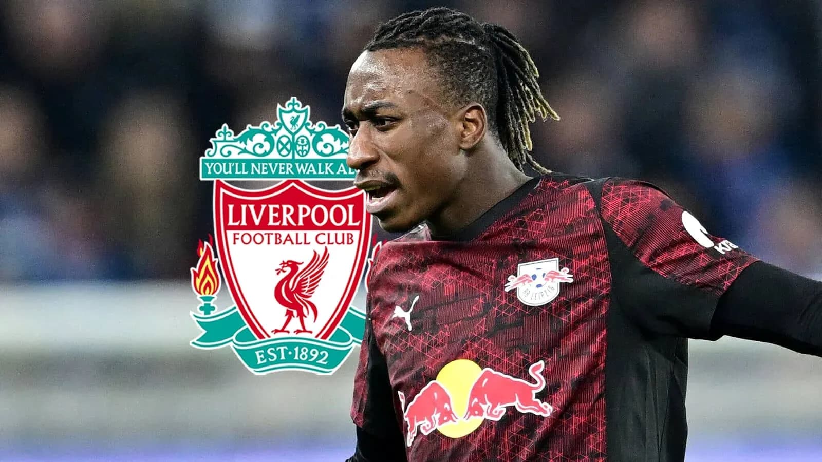 Player in RB Leipzig kit near Liverpool logo