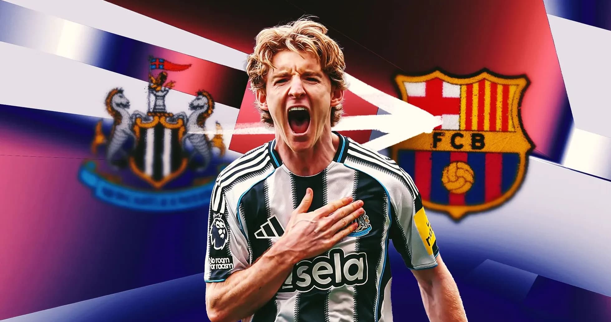 Player celebrating with Newcastle and Barcelona logos behind