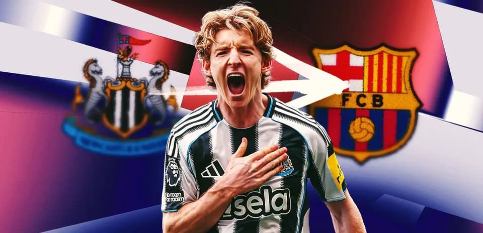 Player celebrating with Newcastle and Barcelona logos behind