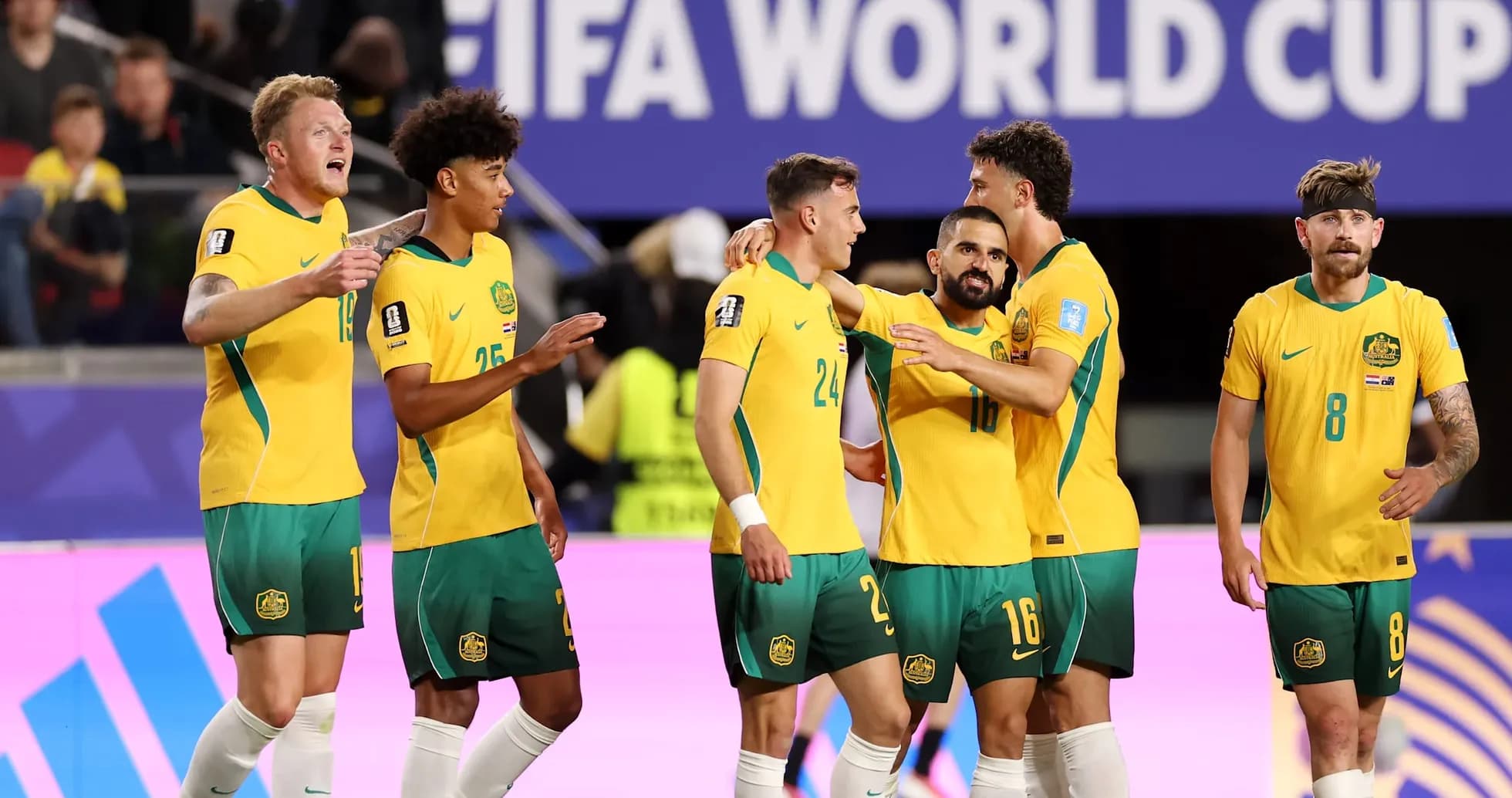 Australia players celebrating a goal during World Cup