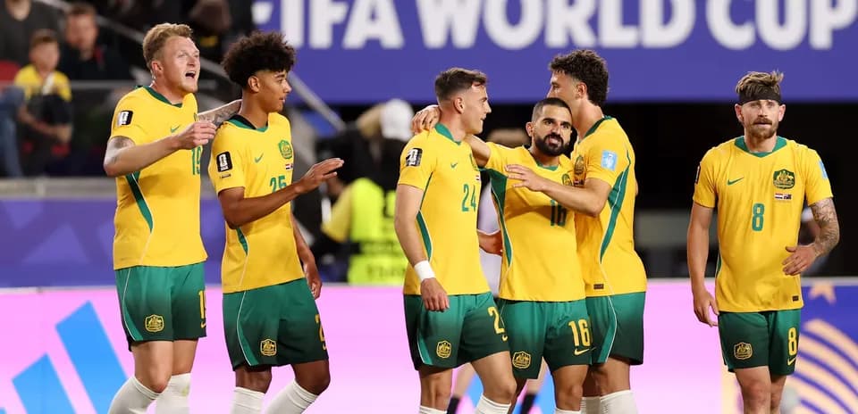 Australia players celebrating a goal during World Cup