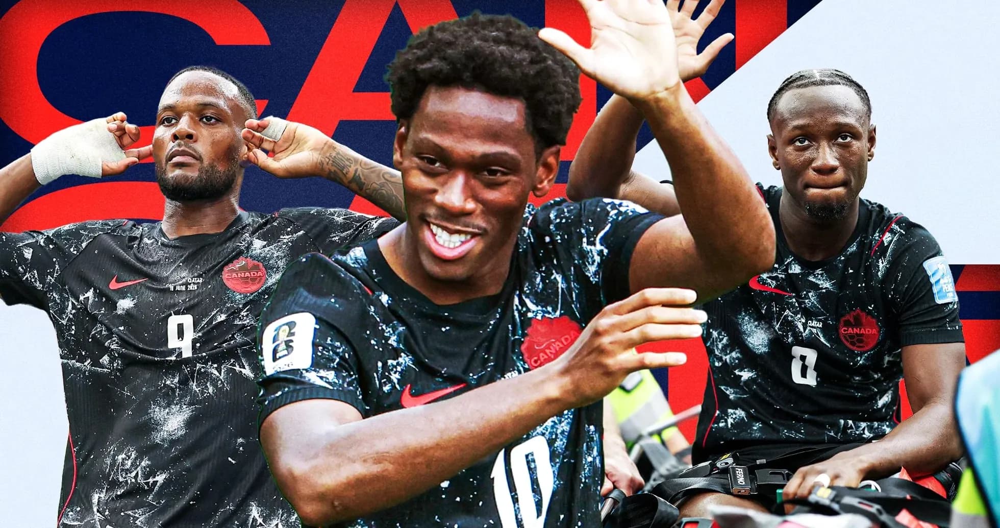 Three Canadian players celebrating during a match