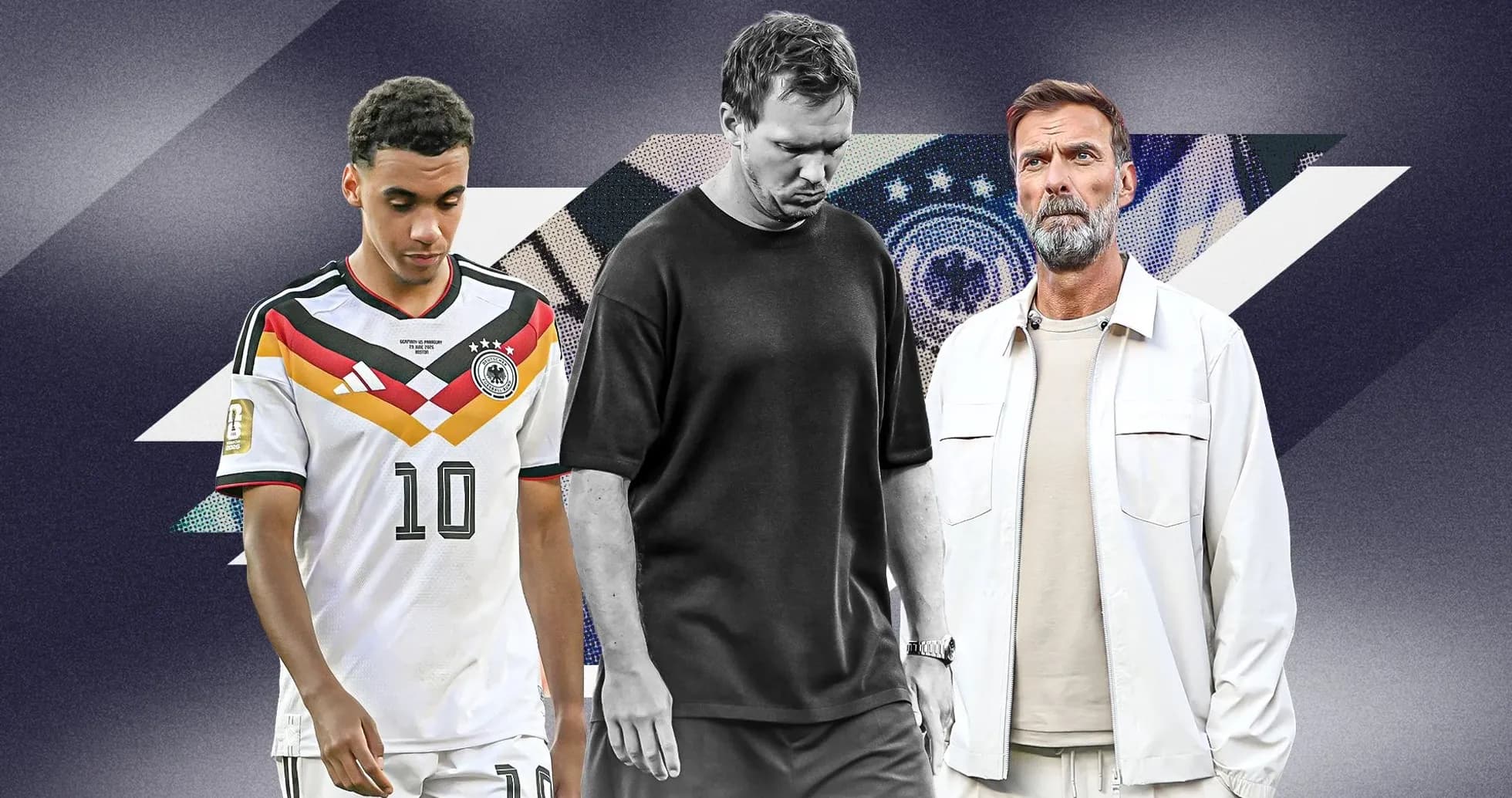 Three men in sports attire with a dark background