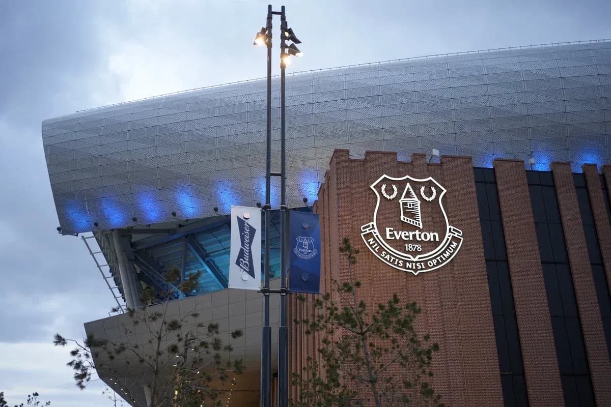 Everton Stadium exterior with club logo displayed