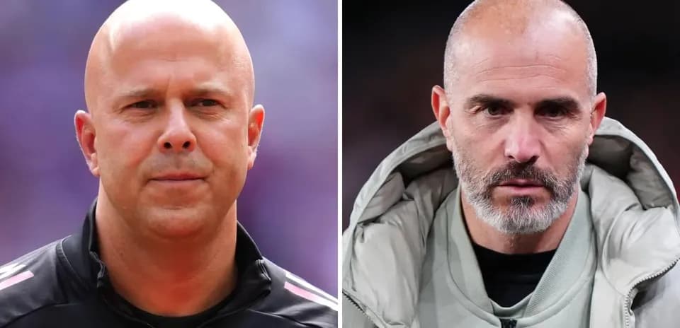 Two football coaches posing for a split image