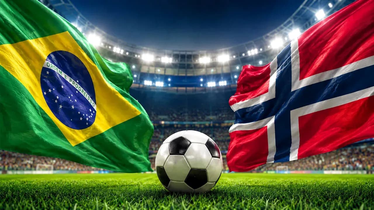 Brazil and Norway flags with soccer ball