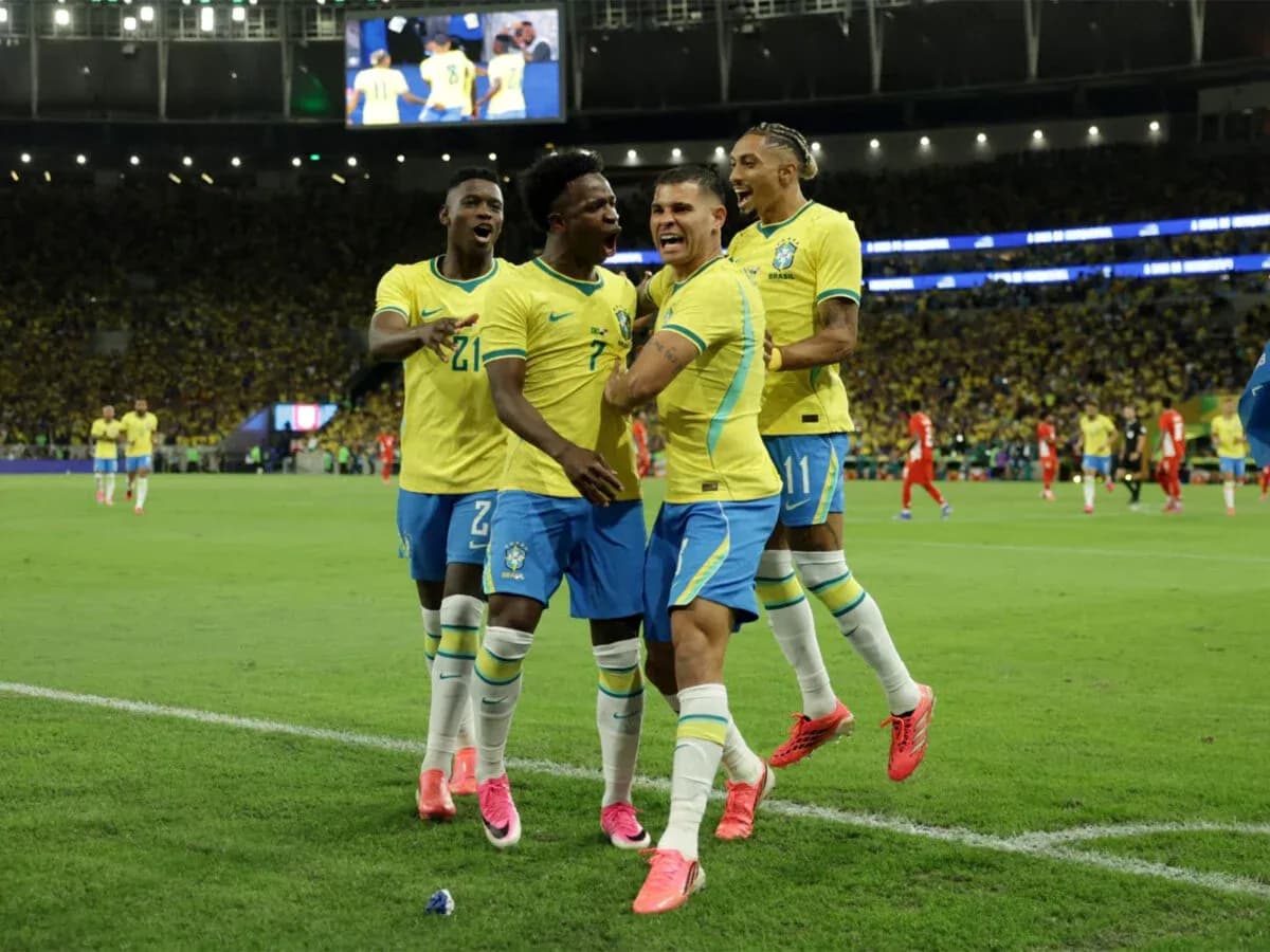 Brazilian players celebrating a goal