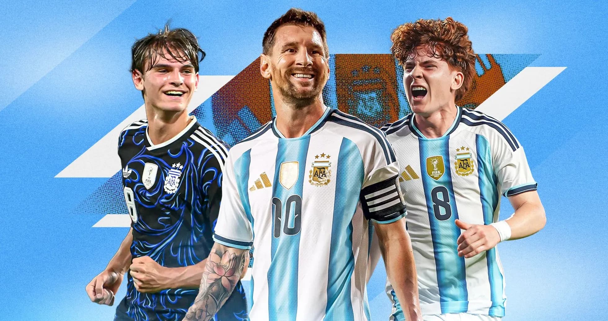 Three Argentine football players celebrating on blue background
