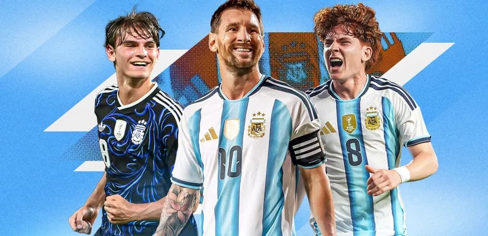 Three Argentine football players celebrating on blue background
