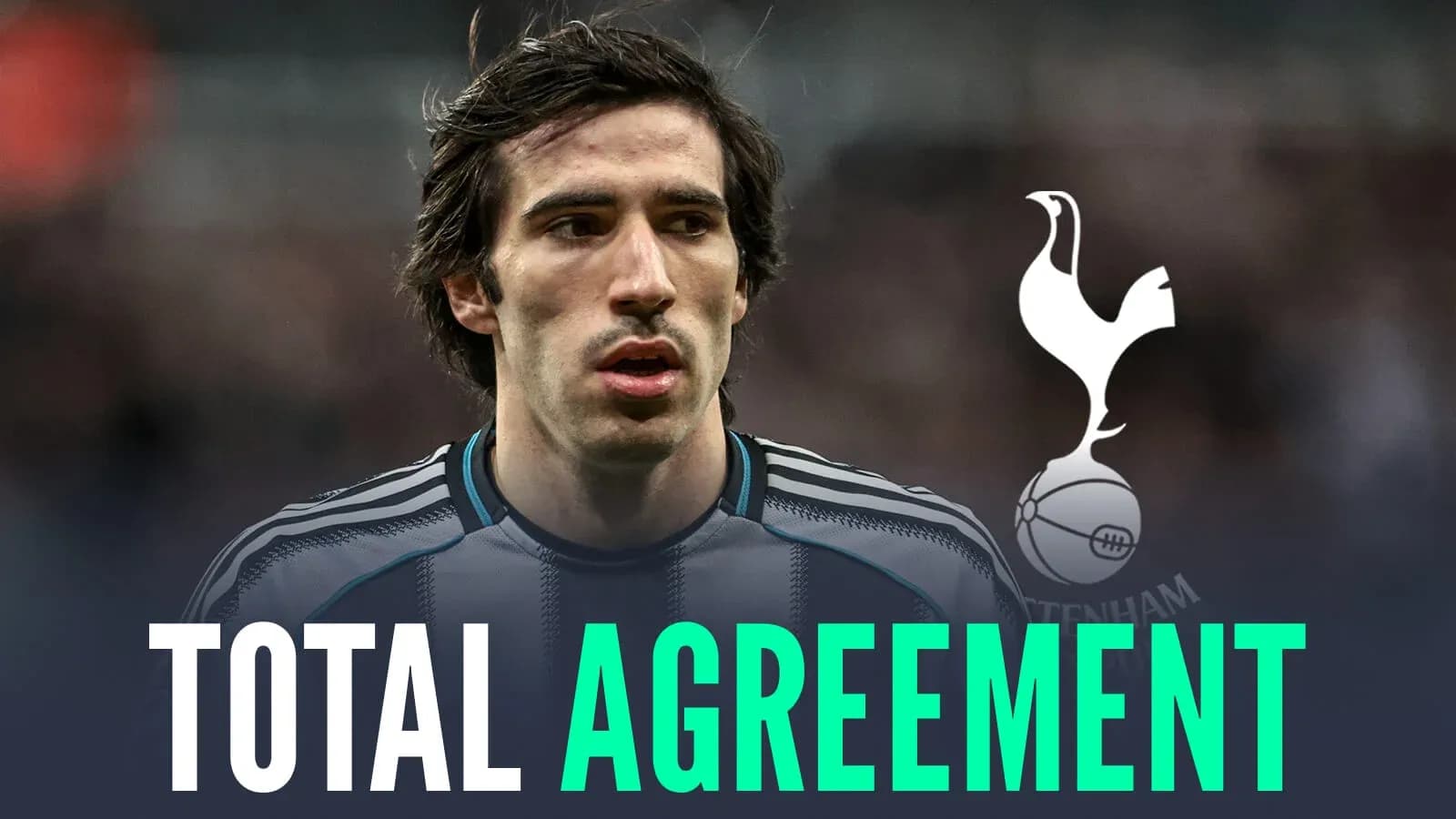 Player in Tottenham jersey with text about agreement