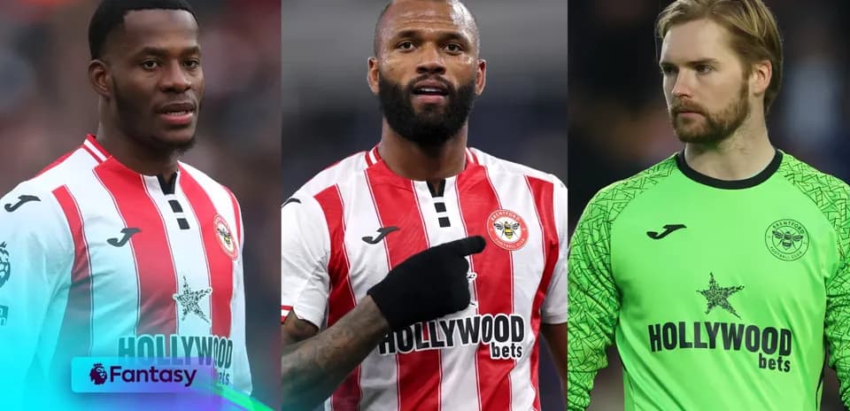 Three Brentford players posing for a team photo