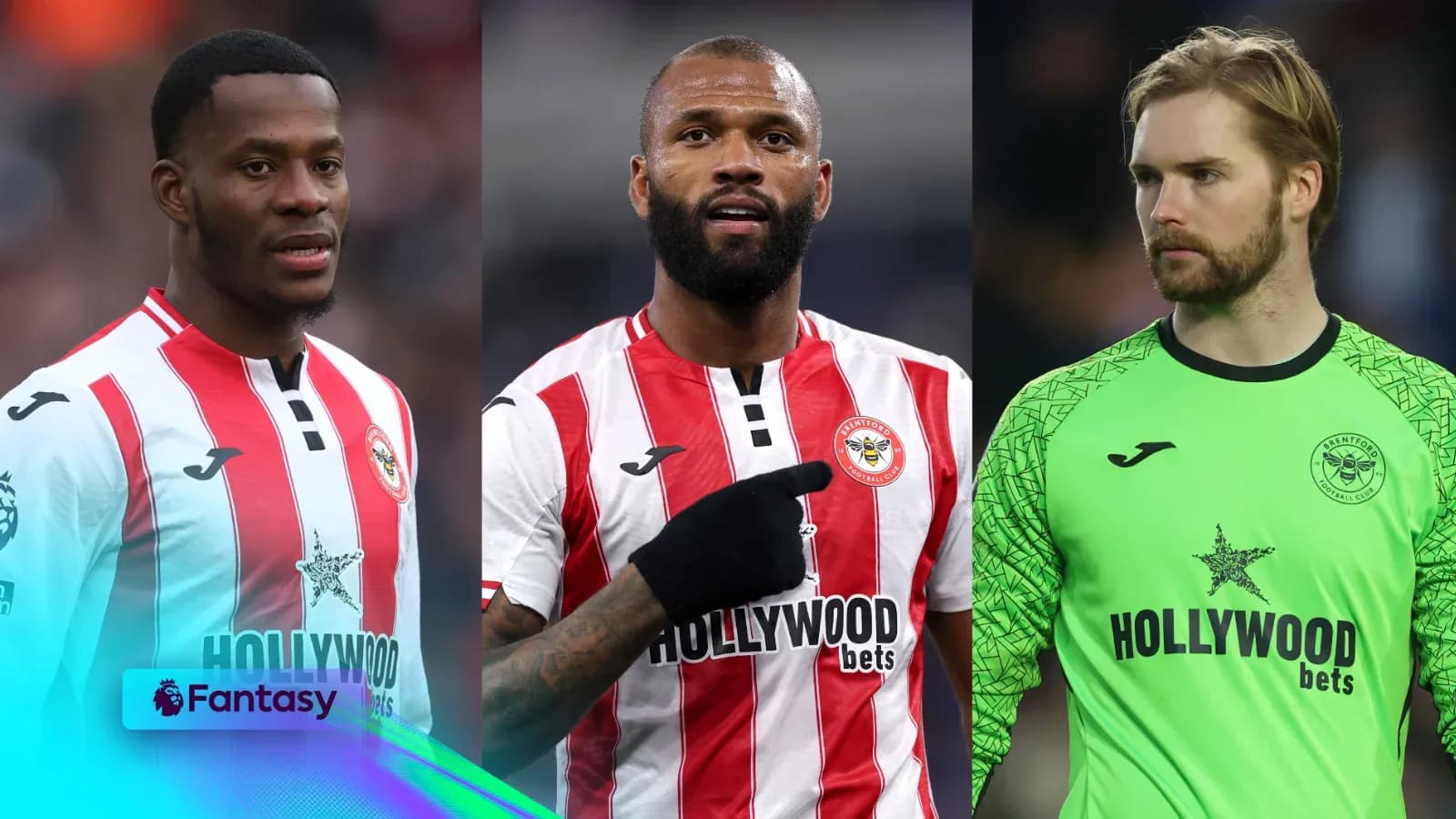 Three Brentford players posing for a team photo