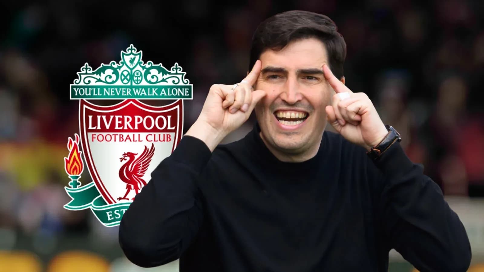Coach gesturing enthusiastically with Liverpool logo background