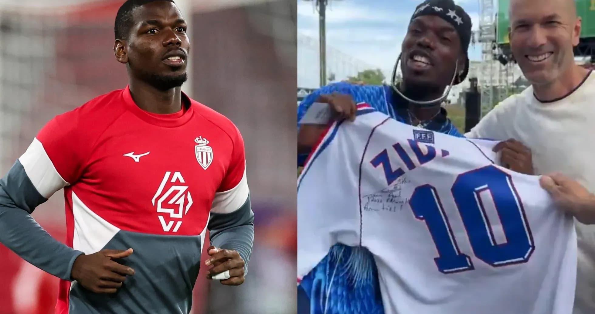Paul Pogba training in Monaco jersey, holding signed Zidane shirt