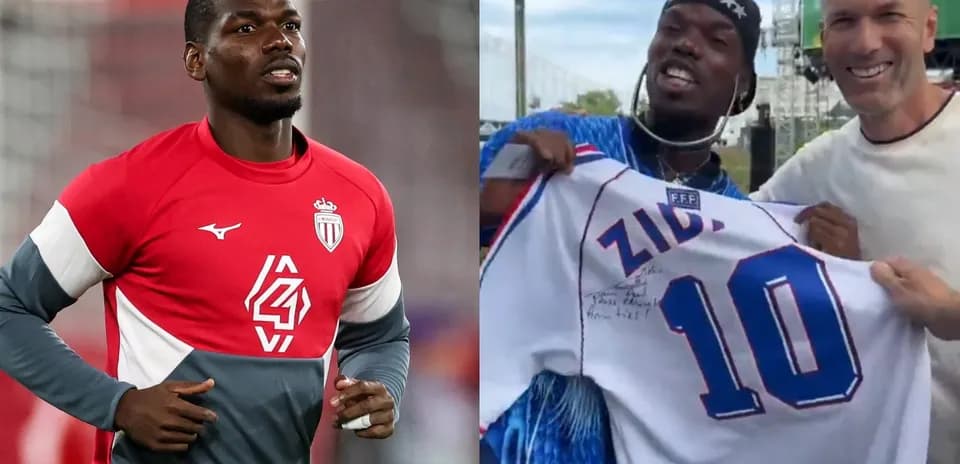 Paul Pogba training in Monaco jersey, holding signed Zidane shirt