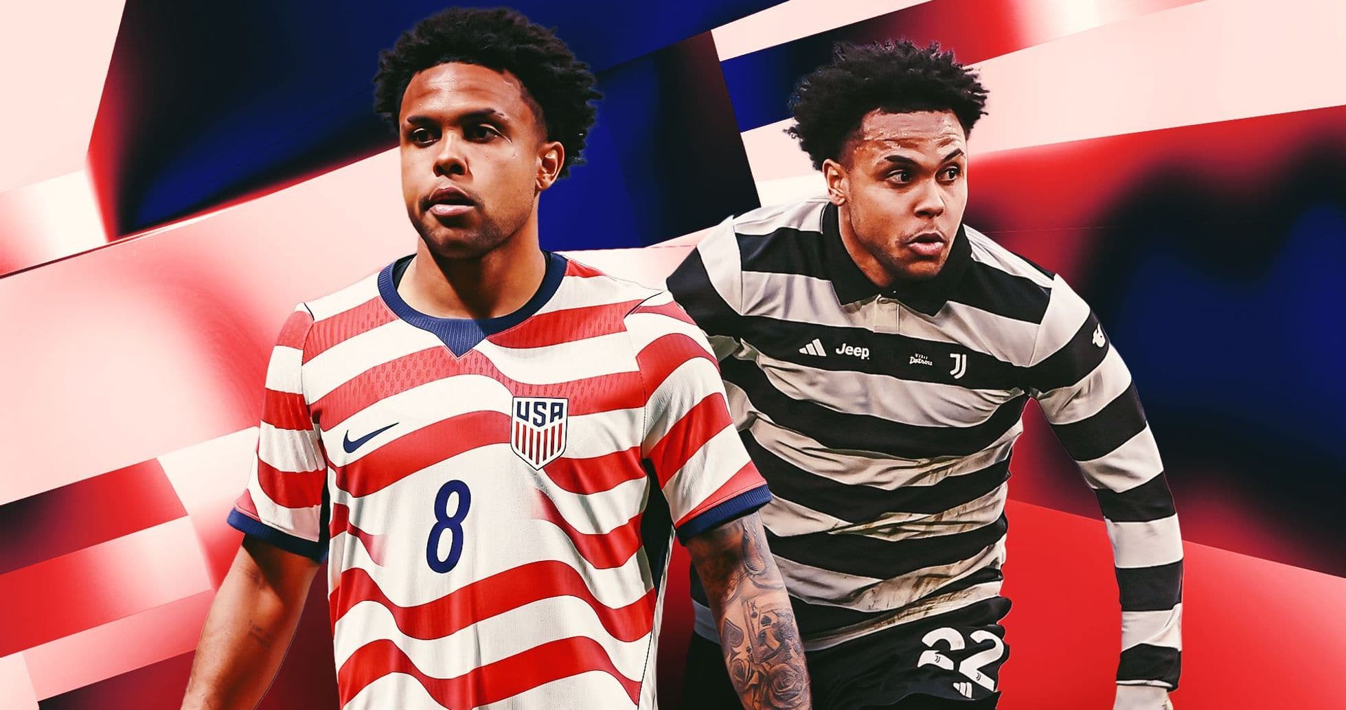 Player in USA and Juventus kits on colorful background