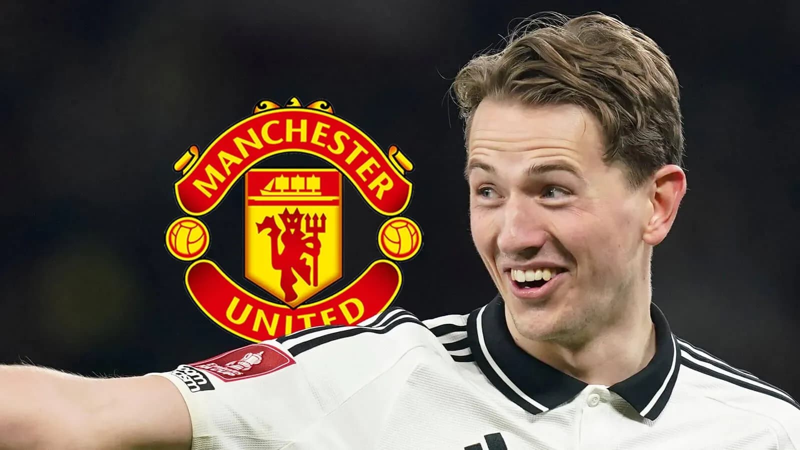 Player celebrating with Manchester United logo background