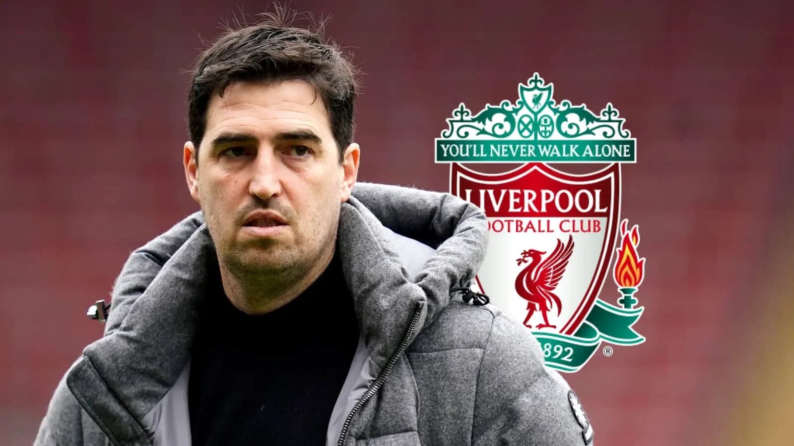 Man in coat near Liverpool FC logo background