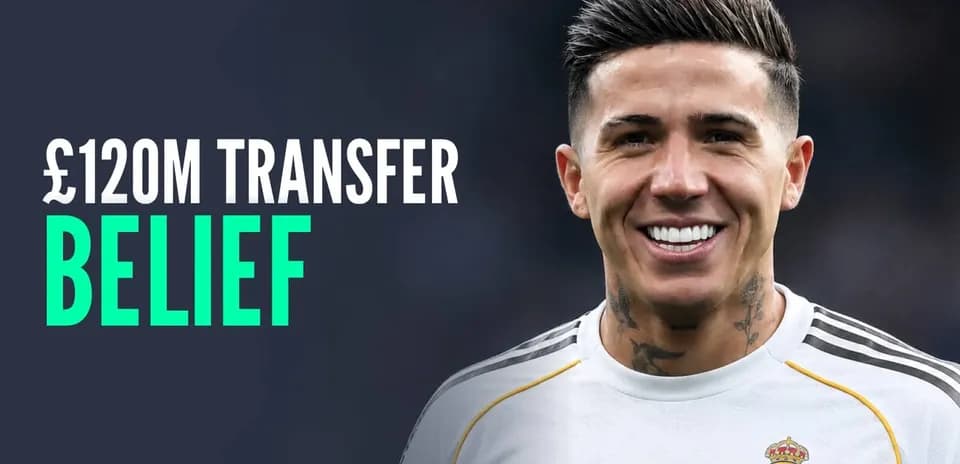 Player smiling in Real Madrid jersey with transfer headline