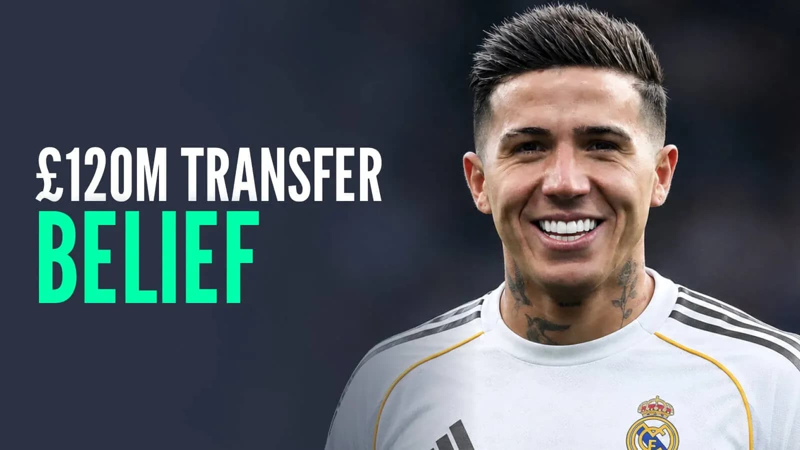 Player smiling in Real Madrid jersey with transfer headline