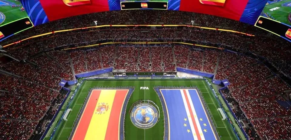 Stadium with flags of Spain and Cape Verde displayed