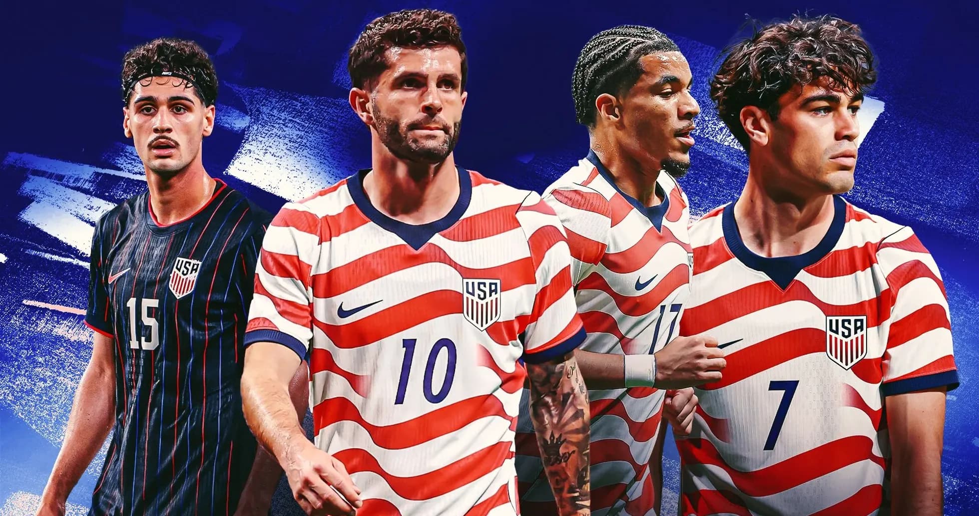 Four US soccer players in striped jerseys