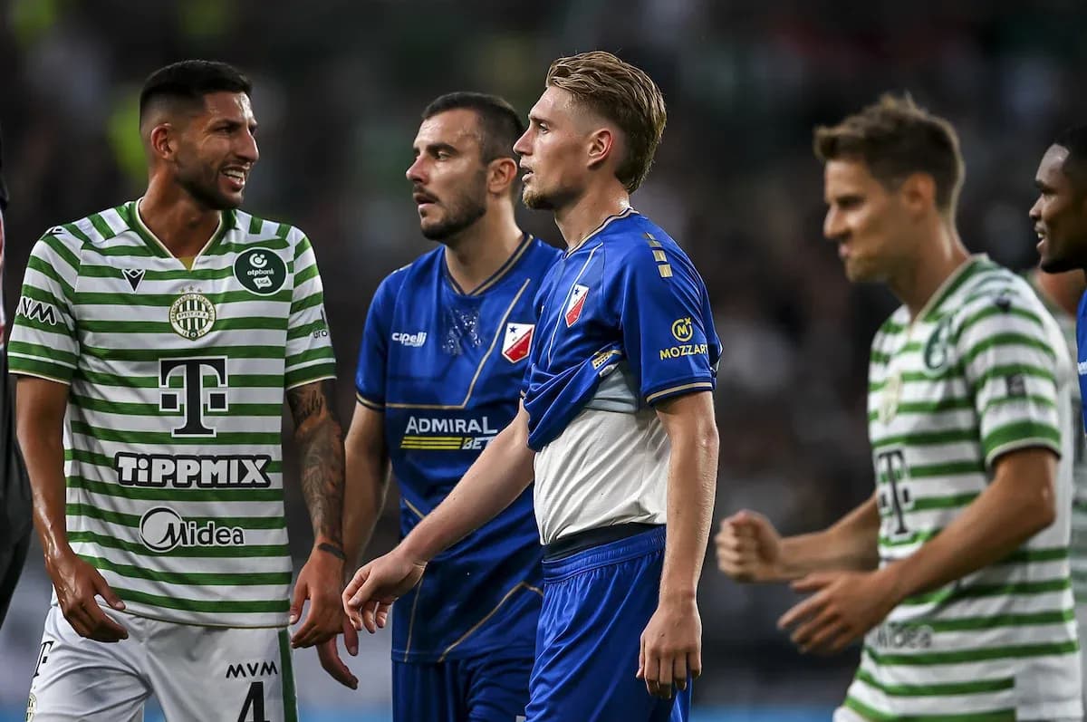 Players interacting during Ferencvarosi TC match