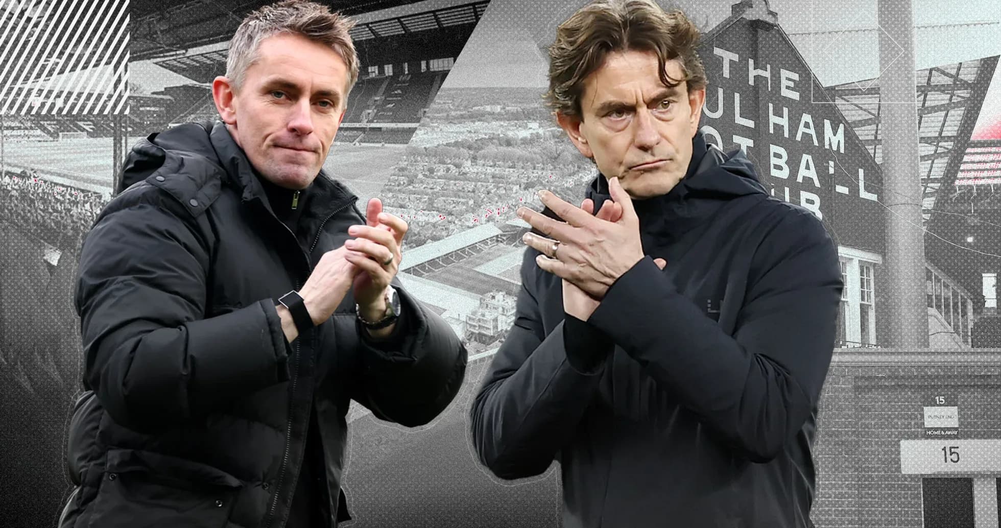 Two football managers clapping before a match