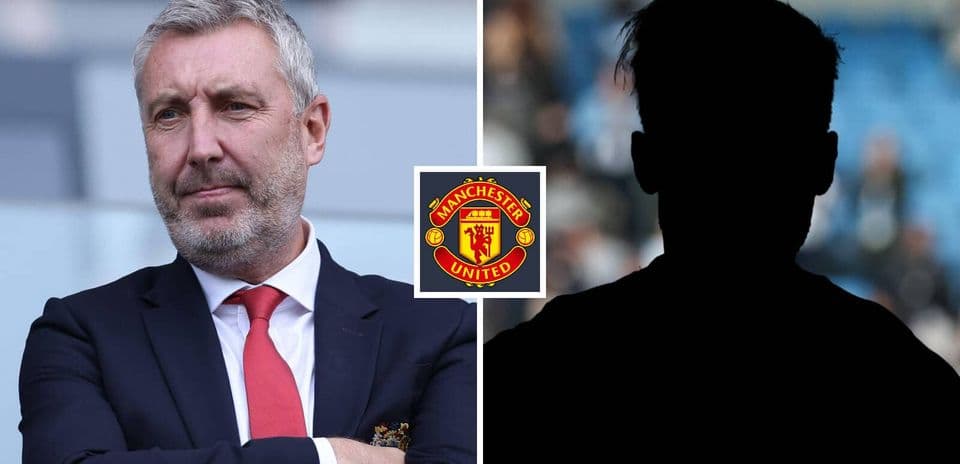 Man in suit beside Manchester United logo silhouette