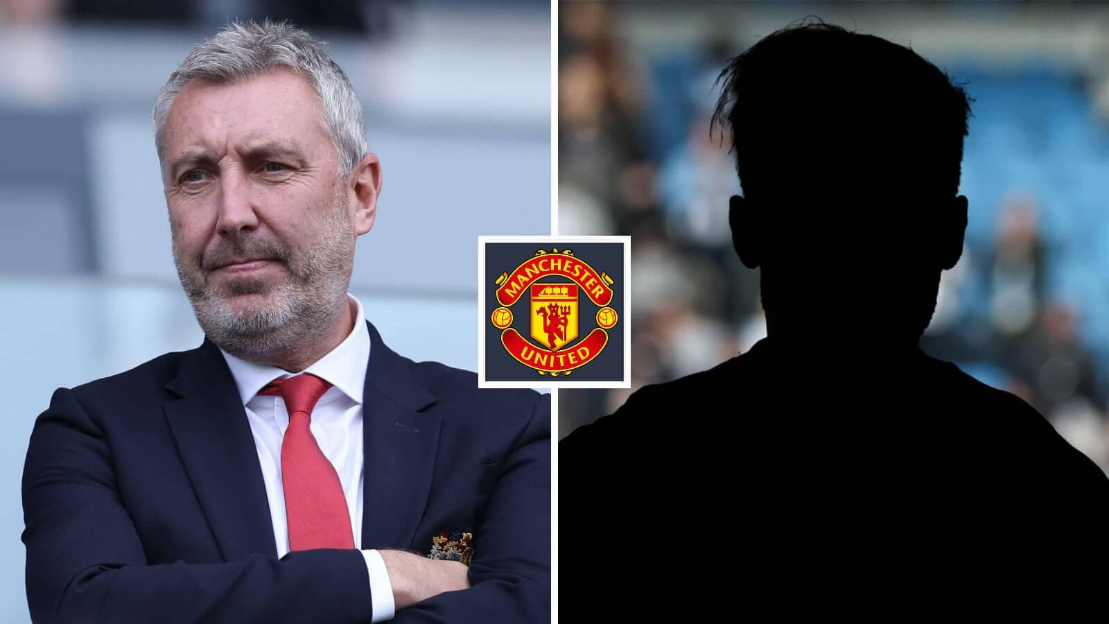 Man in suit beside Manchester United logo silhouette