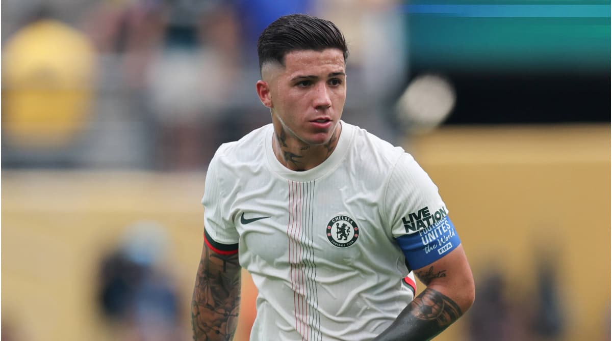 Player wearing Chelsea kit during match action