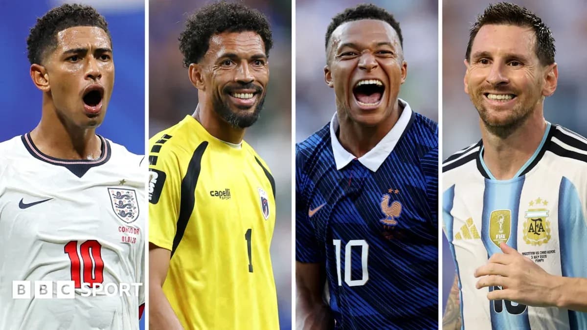 Four football players celebrating in their national jerseys Four football players celebrating in their national jerseys