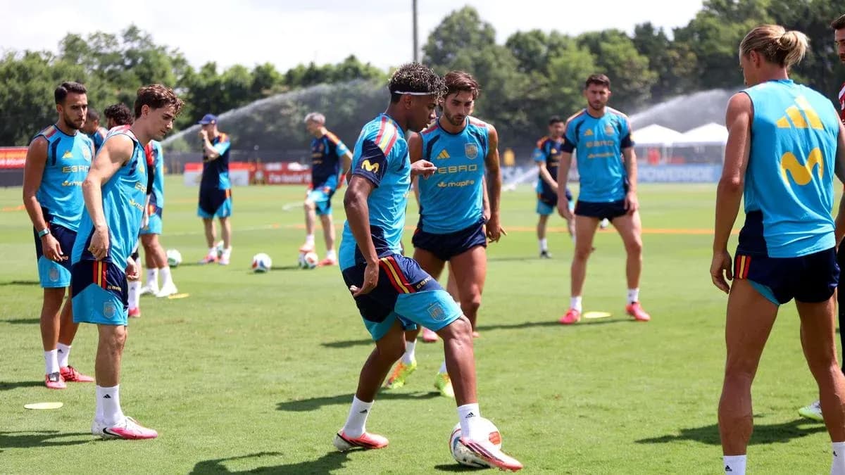 Spain national team players training on the pitch Spain national team players training on the pitch