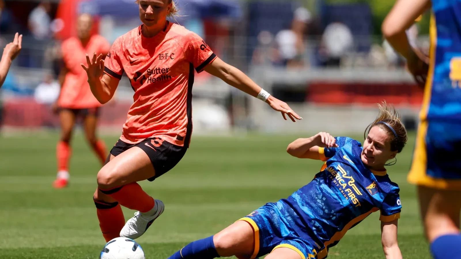 Bay FC player dribbling past Utah Royals defender Bay FC player dribbling past Utah Royals defender