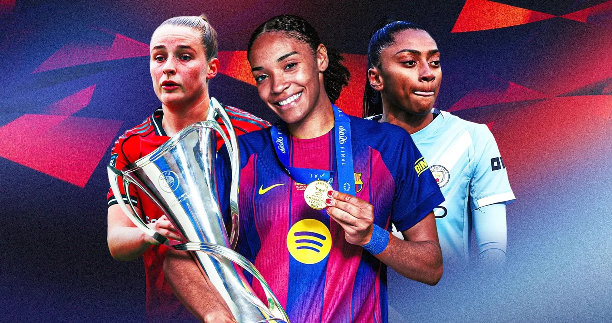 Three female football players holding a trophy Three female football players holding a trophy