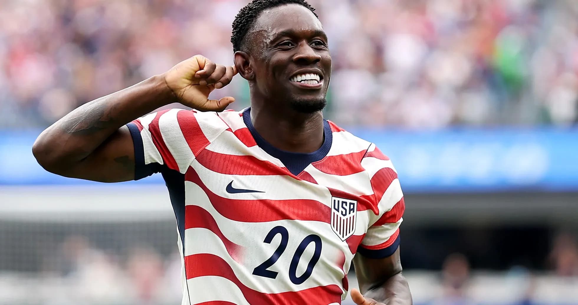 Player celebrating in USA jersey after scoring Player celebrating in USA jersey after scoring