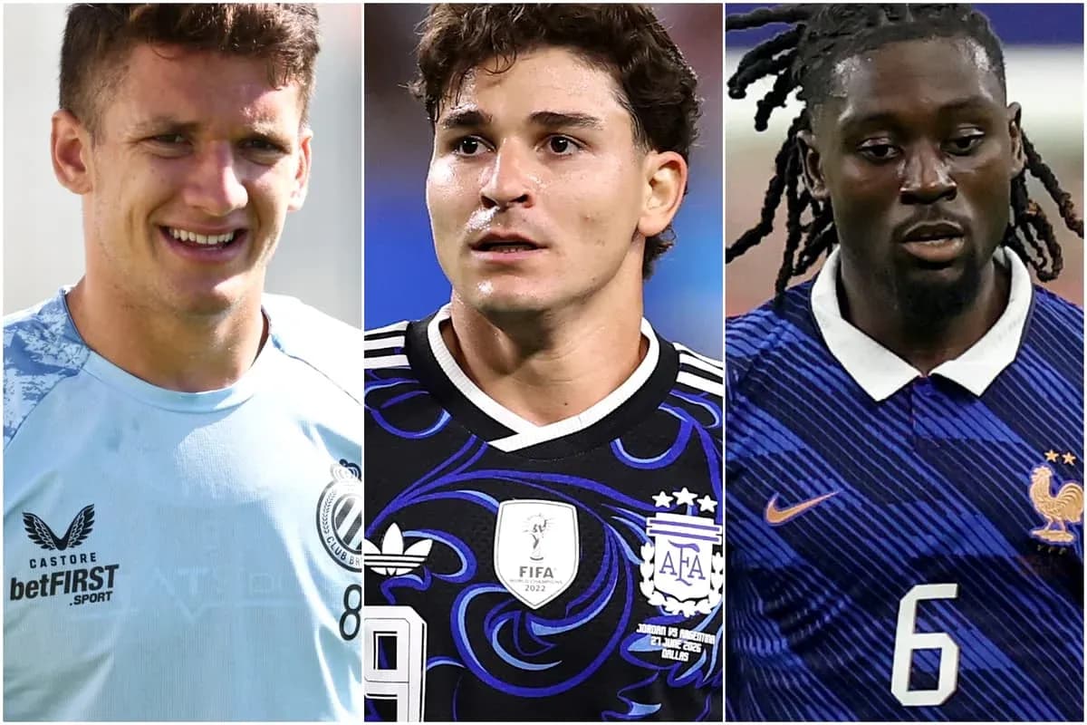 Three football players in national team jerseys Three football players in national team jerseys