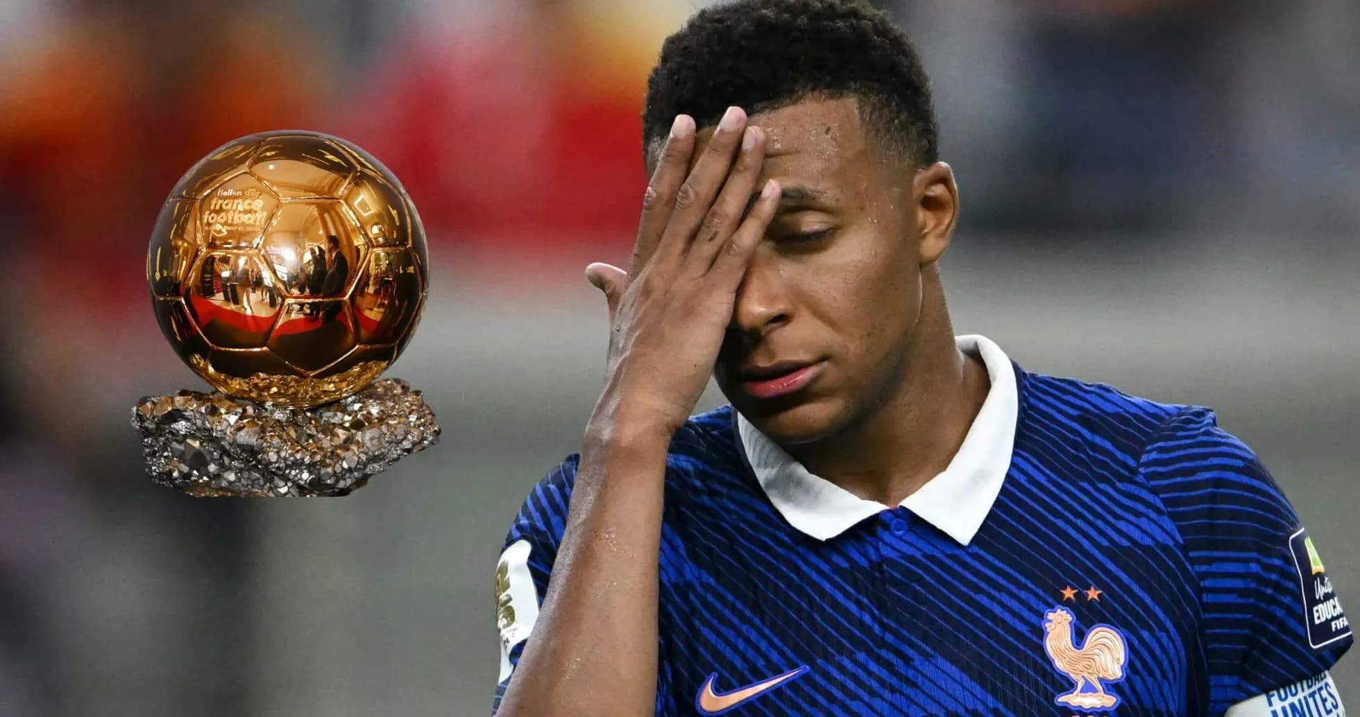 Player holding forehead near Ballon d'Or trophy Player holding forehead near Ballon d'Or trophy