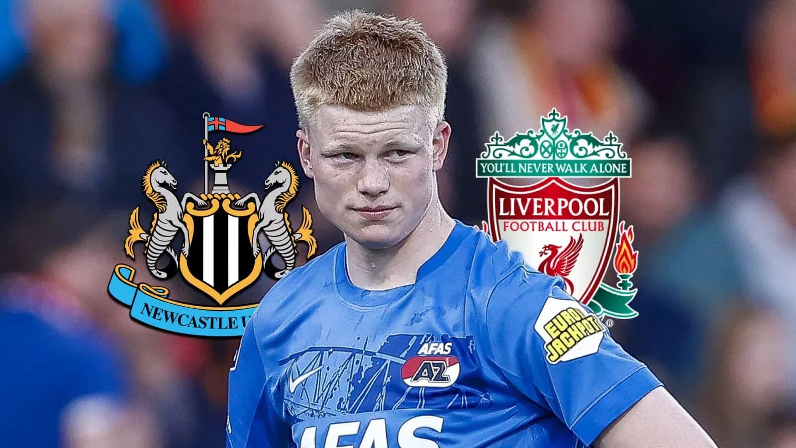 Young player in blue kit with club logos Young player in blue kit with club logos