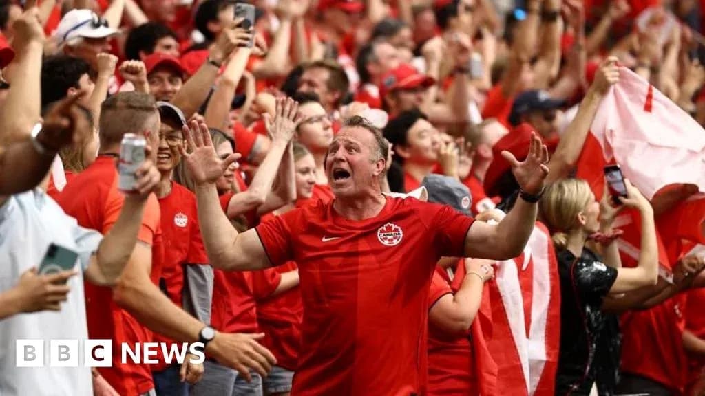 Crowd of Canadian fans celebrating at a match Crowd of Canadian fans celebrating at a match