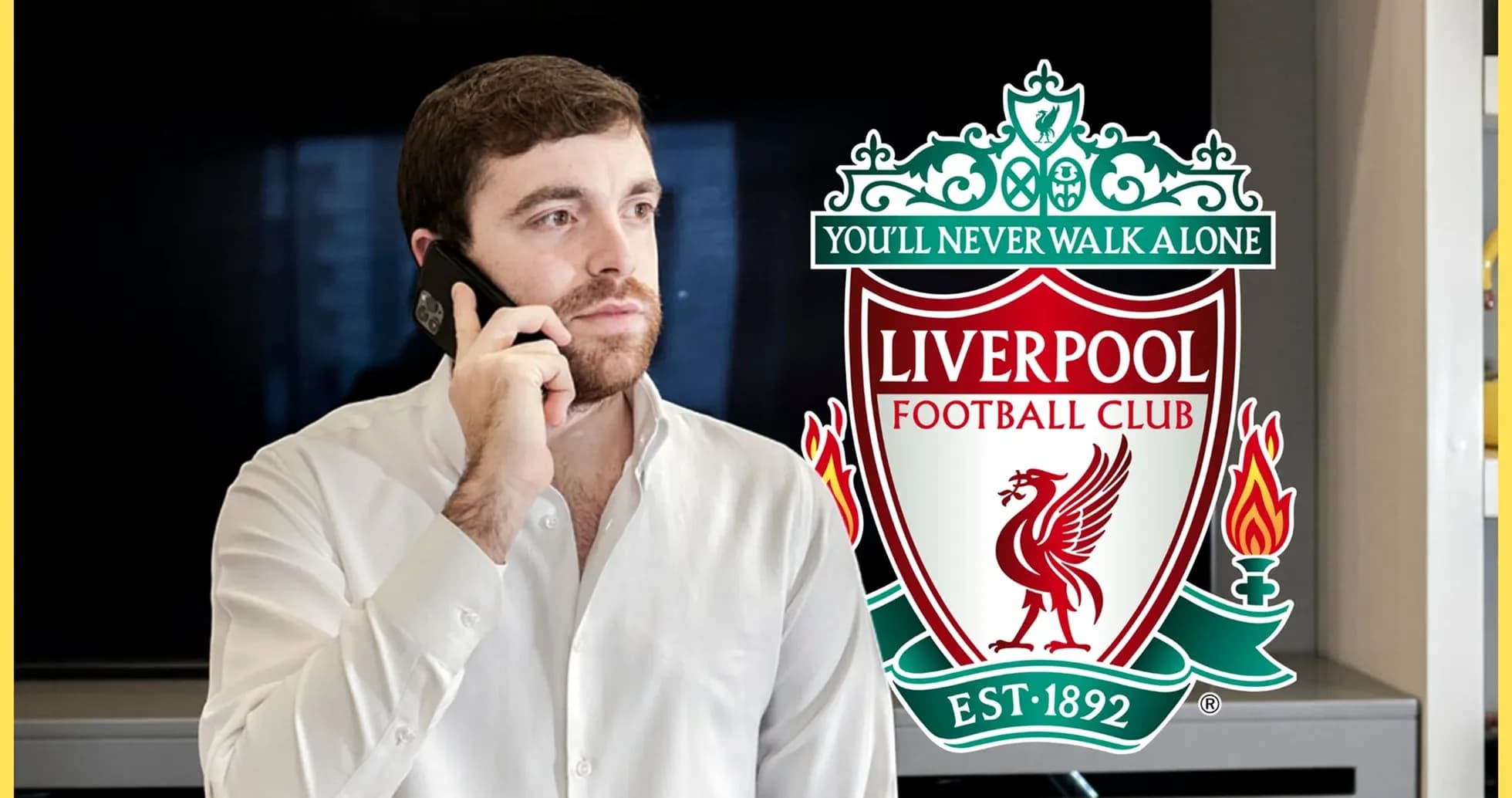 Man on phone with Liverpool FC logo in background Man on phone with Liverpool FC logo in background