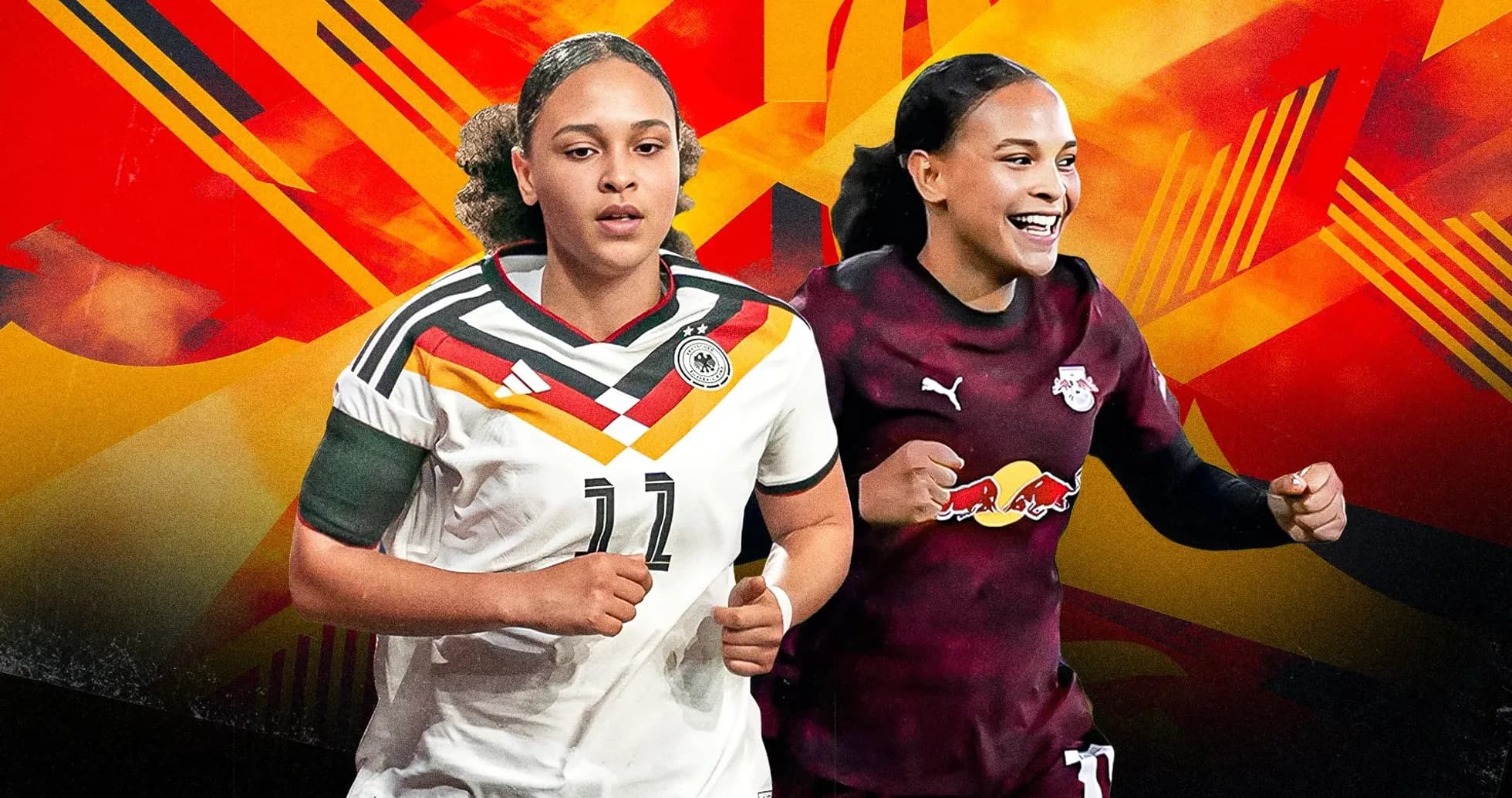 Two female soccer players in team jerseys smiling Two female soccer players in team jerseys smiling